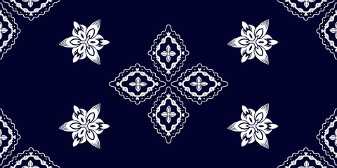 White ornament on blue seamless pattern. Vintage, paisley elements. Ornamental traditional, ethnic, turkish. Great for fabric and textile, wallpaper, packaging or any idea
