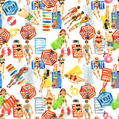people sunbathing on the beach seamless pattern. sea vocation watercolor illustration. Summer lifestyle background