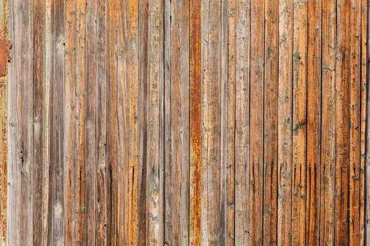 Vertical closeup of old wooden plank wall, brown wooden background, fence or floor panels