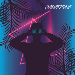 cyber punk poster with man using virtual reality mask