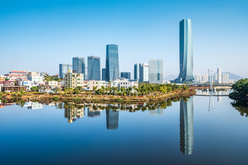 Fototapeta na wymiar Xiamen skyline of modern Chinese city skyscrapers 