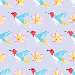 Colorful birds and plumeria flowers seamless pattern