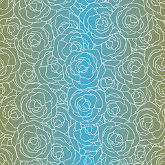 Vector Roses Flowers in White Outlines on Turquoise Blue Green Ombre Background Seamless Repeat Pattern. Background for textiles, cards, manufacturing, wallpapers, print, gift wrap and scrapbooking.