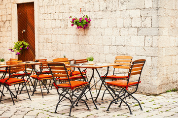 Cafe on the street in Old Town in Kotor, Montenegro.