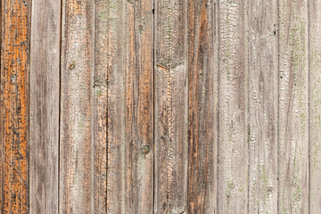 Vertical closeup of old wooden plank wall, brown wooden background, fence or floor panels