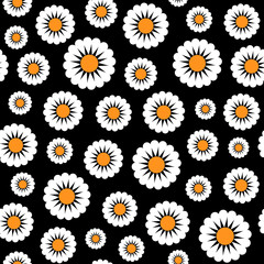 Creative seamless Floral vector pattern. White chamomile on a black background. For the original, decorative flower backdrop for greeting cards, flyers, packagings, prints, textiles, etc.