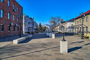 UST-KAMENOGORSK, KAZAKHSTAN - APRIL 04, 2020: Strange, amazing, unusual view of the empty streets...