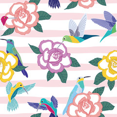 Seamless pattern with colorful HummingBirds and roses