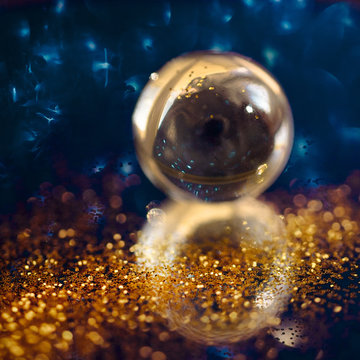 Golden Christmas Balls On Blue Background