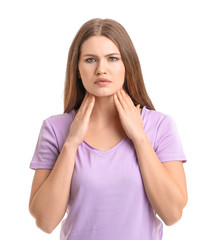 Fototapeta premium Young woman with thyroid gland problem on white background