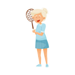 Senior Grey-haired Woman in Skirt and T-shirt Holding Tennis Racket Vector Illustration