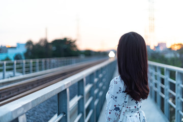 Vietnamese girl standing on an old bridge