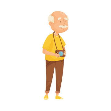 Senior Grey-haired Man with Mustache Taking Photos in a Trip Vector Illustration