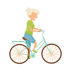Obraz premium Senior Grey-haired Woman Cycling Isolated on White Background Vector Illustration