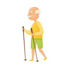 Senior Grey-haired Man with Mustache Nordic Walking Vector Illustration