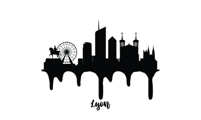 Lyon France black skyline silhouette vector illustration on white background with dripping ink effect. - obrazy, fototapety, plakaty