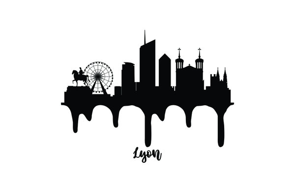 Lyon France Black Skyline Silhouette Vector Illustration On White Background With Dripping Ink Effect.