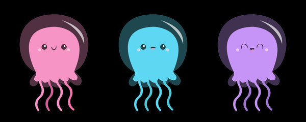 Jellyfish face icon set. Cute cartoon kawaii funny baby character. Pink purple blue glowing transparent color. Sea ocean animal. Flat design. Kids tshirt, notebook cover print. Black background
