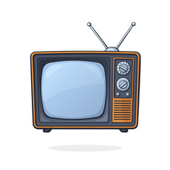 Vector illustration. Analogue retro TV with antenna, channel and signal selector. Television box for news and show translation. Clip art with contour for graphic design. Isolated on white background