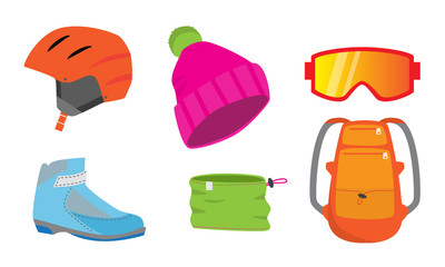 Stylish clothing and equipment for skiing winter sports vector illustration