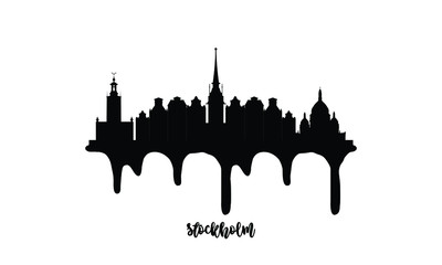 Naklejka premium Stockholm Sweden black skyline silhouette vector illustration on white background with dripping ink effect.