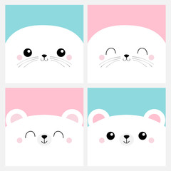 Fototapeta premium Bear, harp seal pup. White Sea lion head face square icon set. Pet baby print for notebook cover, greeting card. Cute cartoon kawaii funny character. Valentines Day. Flat design. Pink background.