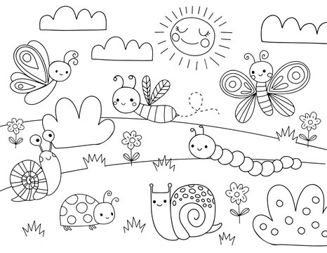 Cute Cartoon Bugs Coloring Page for kids. Vector black line illustration. Bug, insect, bee, butterfly, snail.