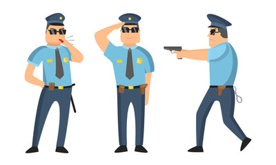 The police officer in black sunglasses standing in different poses with whistle and gun. Vector illustration in flat cartoon style