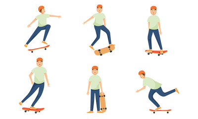 Fototapeta na wymiar Set of skateboard teenage boy in helmet skates and performs various complex tricks. Vector illustration in flat cartoon style