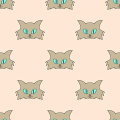 Beige cat's faces on light-pink background: cute seamless pattern, wallpaper and wrapping texture design, textile print. Vector graphics.