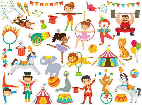 Circus clipart set. Circus animals, circus people and other colorful circus items. 