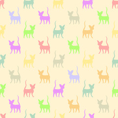 Fototapeta premium Colorful cats' silhouettes on light-orange background: feline seamless pattern, cute wallpaper and wrapping texture design, textile print. Vector graphics.