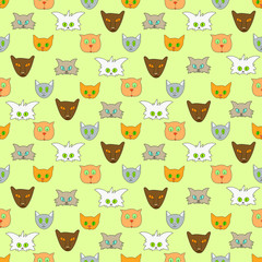 Colorful funny cat's faces on light-yellow background: seamless pattern, wallpaper and wrapping texture design, textile print. Vector graphics.