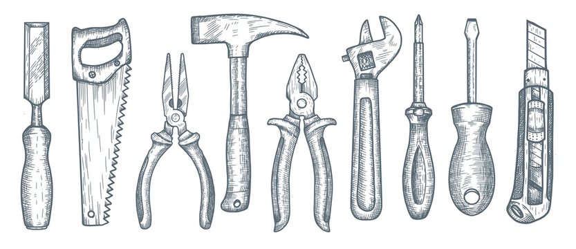 Set of hand tools. Collection of hand drawn engraved graphic. Vector illustration