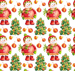 Watercolor Christmas tree illustration. Happy new year card  isolated illustration of Christmas tree, decorated with bows, balls, snowman new year,  celebration. Pattern.