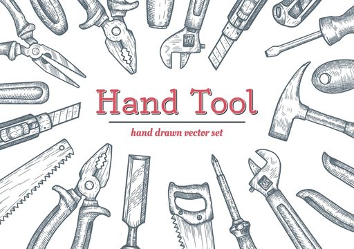 Hand Tools Top View Frame. Collection Of Hand Drawn Engraved Graphic. Vector Illustration