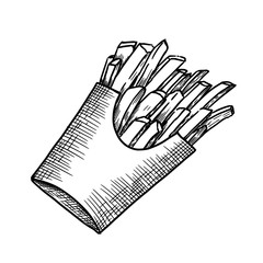 Fried chips in paper bag hand drawn engraved vector illustration.