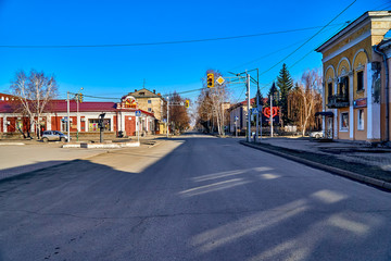 Fototapeta na wymiar UST-KAMENOGORSK, KAZAKHSTAN - APRIL 04, 2020: Strange, amazing, unusual view of the empty streets of spring Ust-Kamenogorsk due to a pandemic - all people are sitting at home because of quarantine, KZ