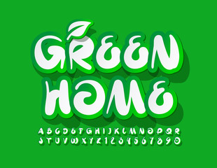 Vector logo Green Home with decorative Leaf. Creative sticker Font. Trendy Alphabet Letters and Numbers