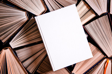 White book in white cover with a place for text lies on multicolored old open books