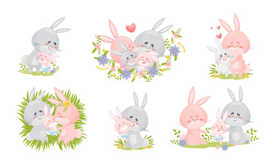 Rabbit Family with Bunny Mom and Dad Nursing Their Cubs Vector Set