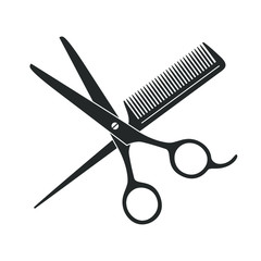 Scissors and hairbrush graphic icon. Sign crossed scissors and hairbrush isolated on white background. Barbershop symbols. Vector illustration - obrazy, fototapety, plakaty