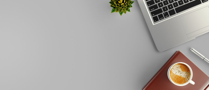 Minimal work space - Creative flat lay photo of workspace desk. Top view office desk with laptop, notebooks and coffee cup. 3d rendering banner