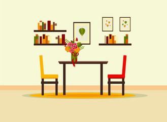 dining table and chairs, room interior with furniture, flat vector illustration