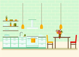 kitchen interior with furniture, flat vector illustration