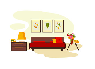 bedroom interior with furniture (bed, nightstand, floor lamp, books, flowers, carpet), flat vector illustration