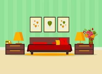 bedroom interior with furniture (bed, nightstand, floor lamp, books, flowers, carpet), flat vector illustration