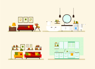 Obraz premium set with interiors, bathroom, kitchen, living room and bedroom, flat vector illustration of rooms with furniture
