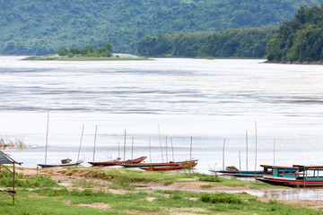 The Boat Parking Near Riverside In Mekong River