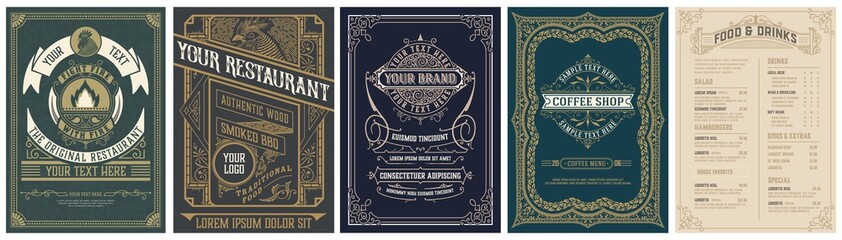 Set of 4 Vintage Menu with classic and premium ornaments